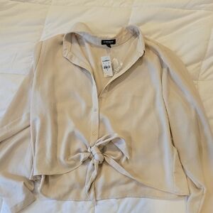 Express Women's Beige Button-Down Tie-Front Shirt